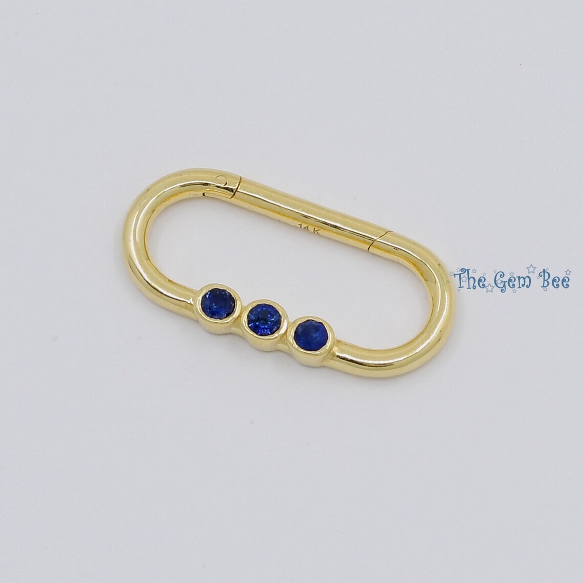 10mmx21.5mm 14K Yellow Gold Blue Sapphire Charm Holder Snap Lock Carabiner