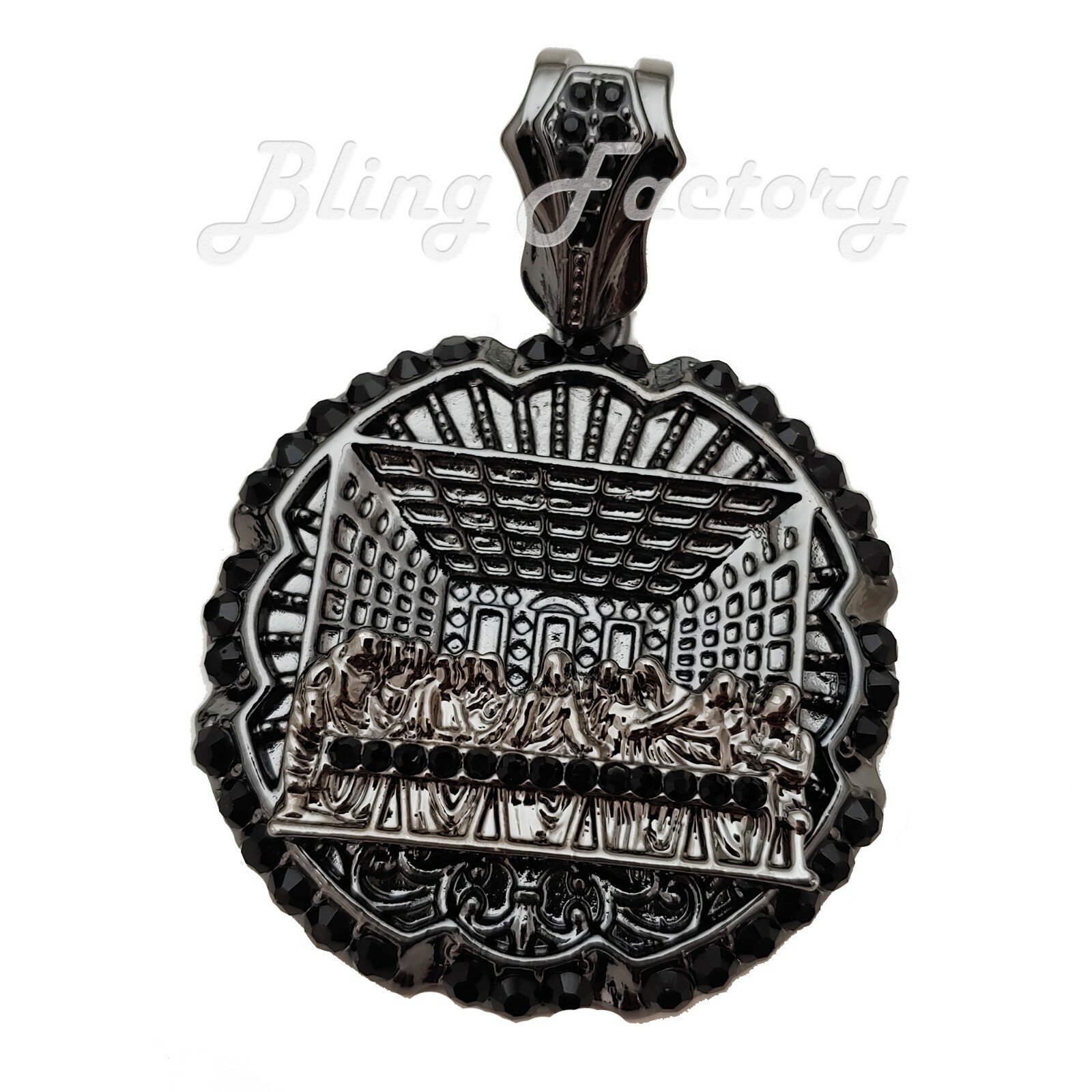 HIP HOP ICED CUBIC ZIRCONIA BLACK HEMATITE PLATED LARGE LAST SUPPER ICY PENDANT