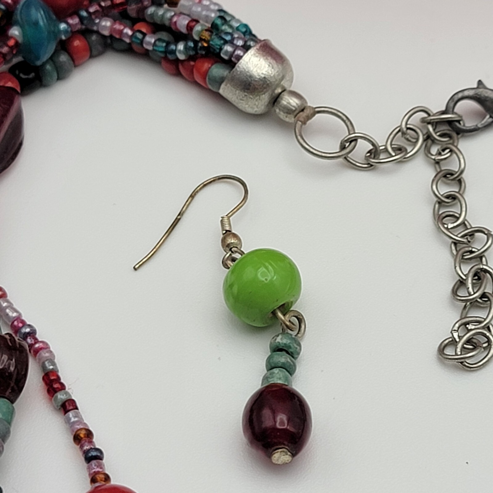 Multicolor Glass Stone And Seed Bead Multi Strand Necklace And Earrings Set 20″