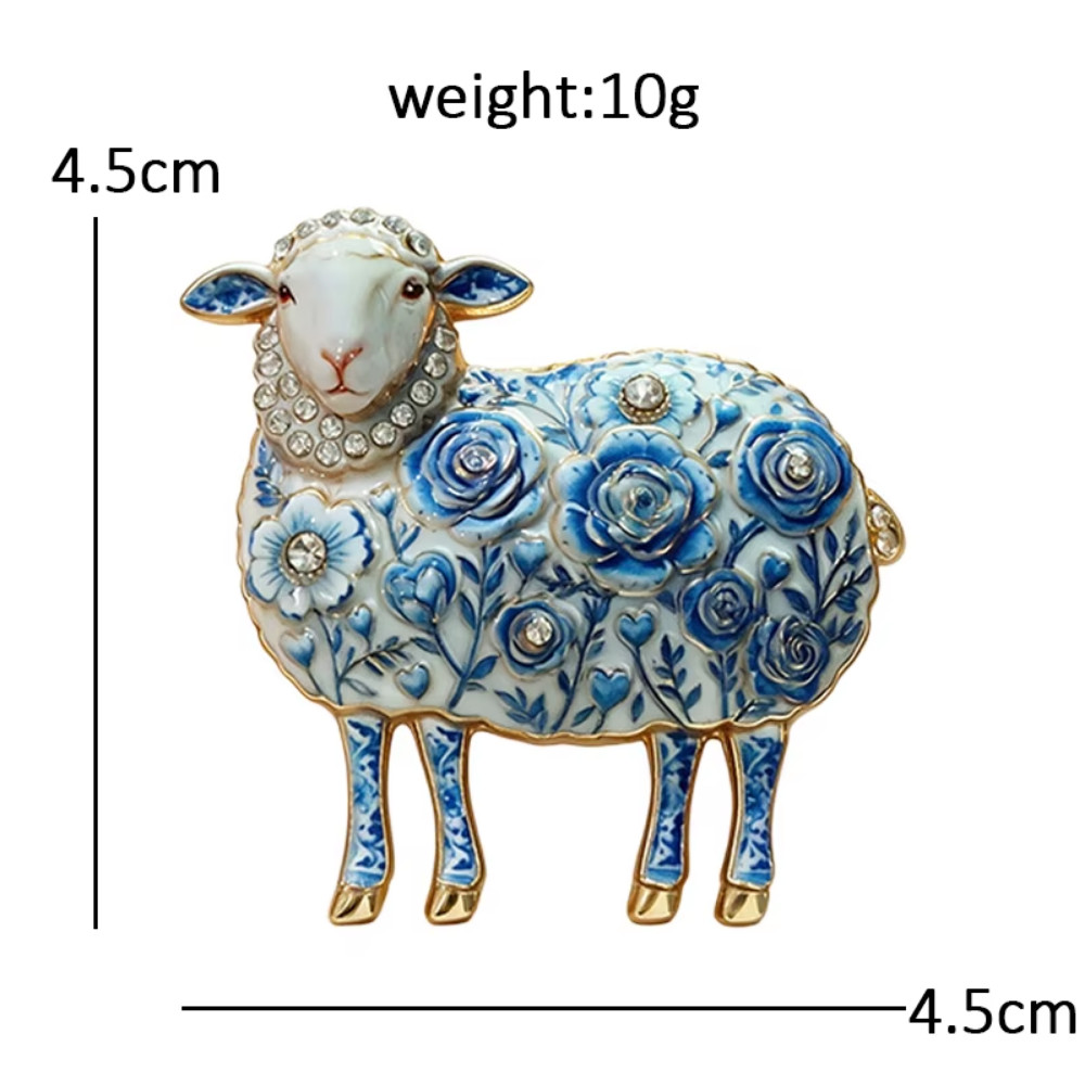 Blue White Porcelain Pattern Sheep Brooch Pin Vintage Gold Crystal Jewelry Gift
