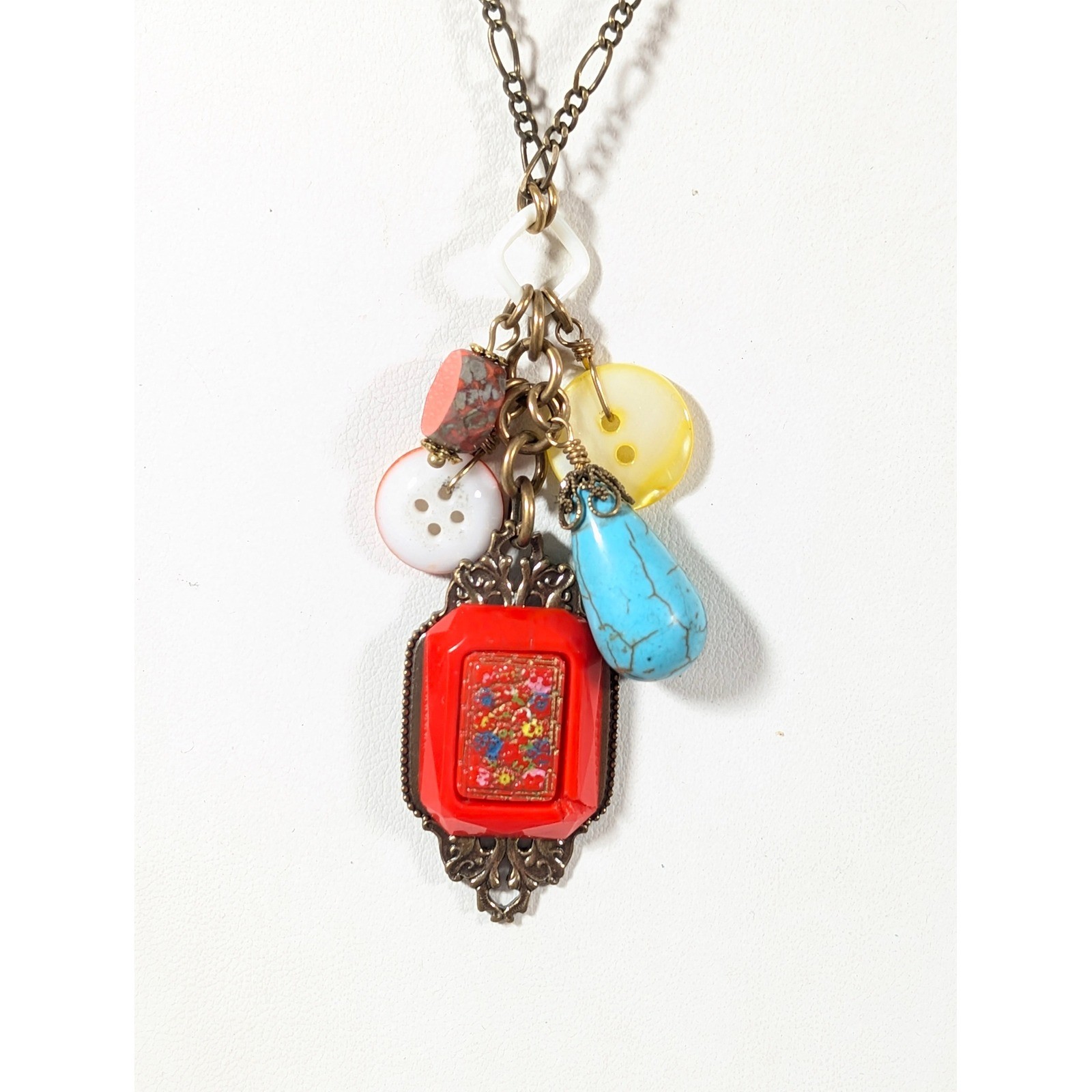Grandmother’s Buttons Glass Charm Necklace Bronze Tone 27 Inch Artisan