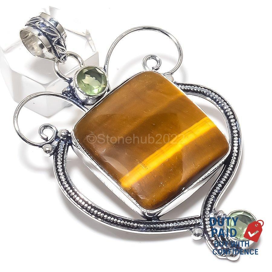 Natural Tiger’S Eye Green Amethyst Handmade Pendant Jewelry 925 Sterling Silver