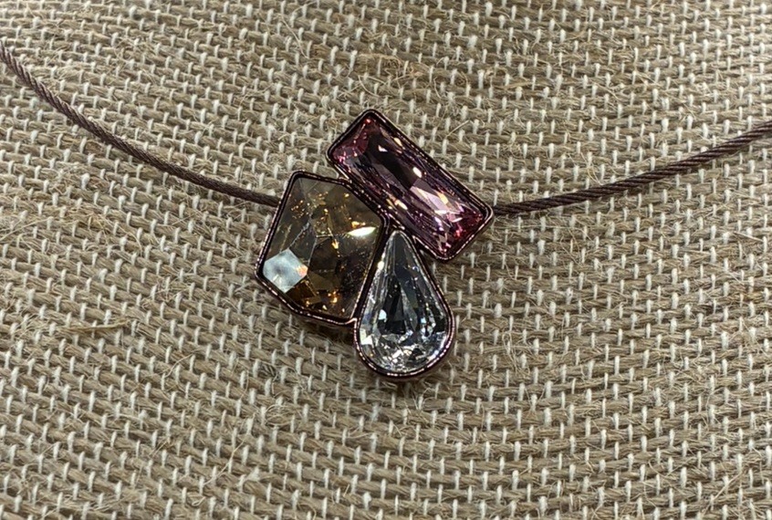 Touchstone Three Color Crystal Slide Pendant on Brown Rhodium Plated Cord