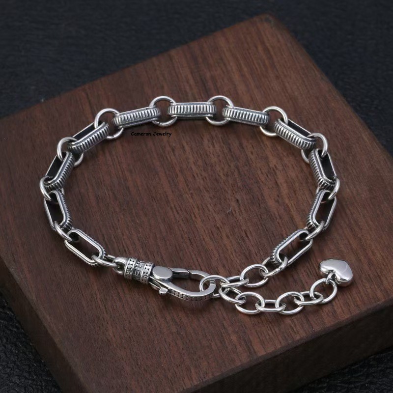 Solid 925 Sterling Silver Heart Chain Rectangular Link Bracelet 26-27g 6.7-8.3in