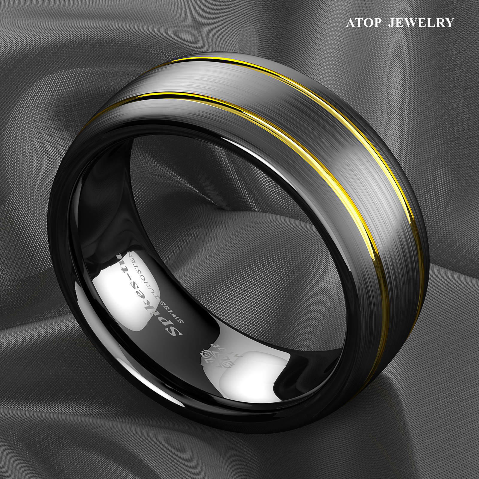 8mm Tungsten Ring Black Brushed Dome 18k gold Wedding Band ATOP Mens Jewelry