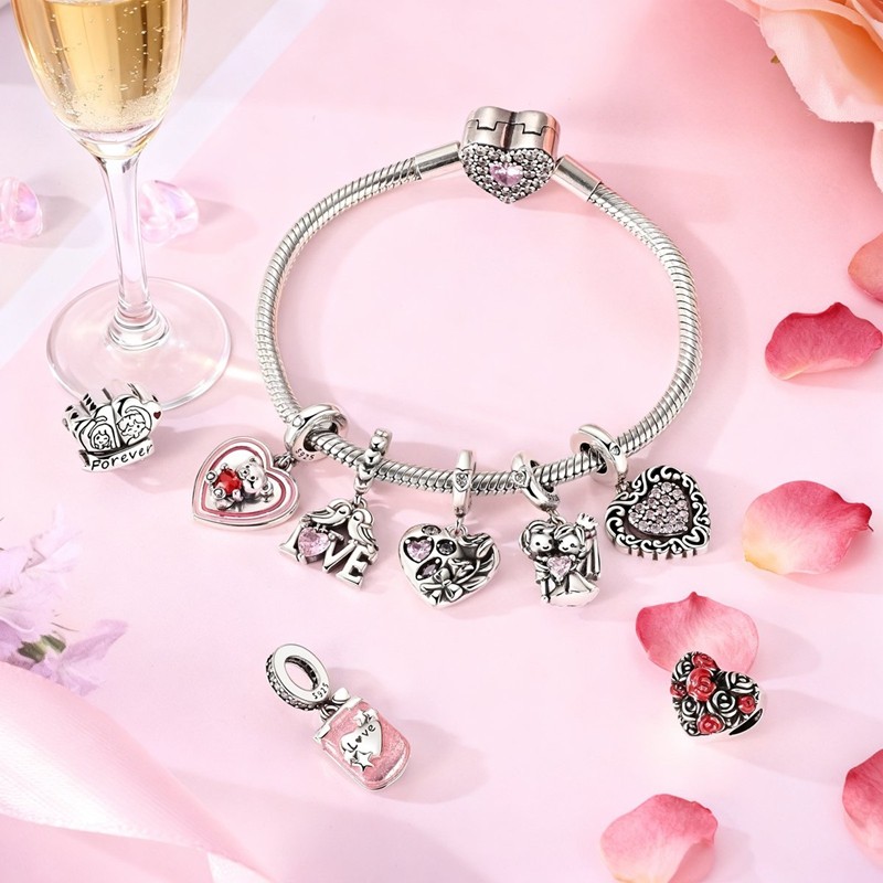 MULA 925 Sterling Silver DIY Charm CZ Flip Pink Phone Pendant for Women Bracelet