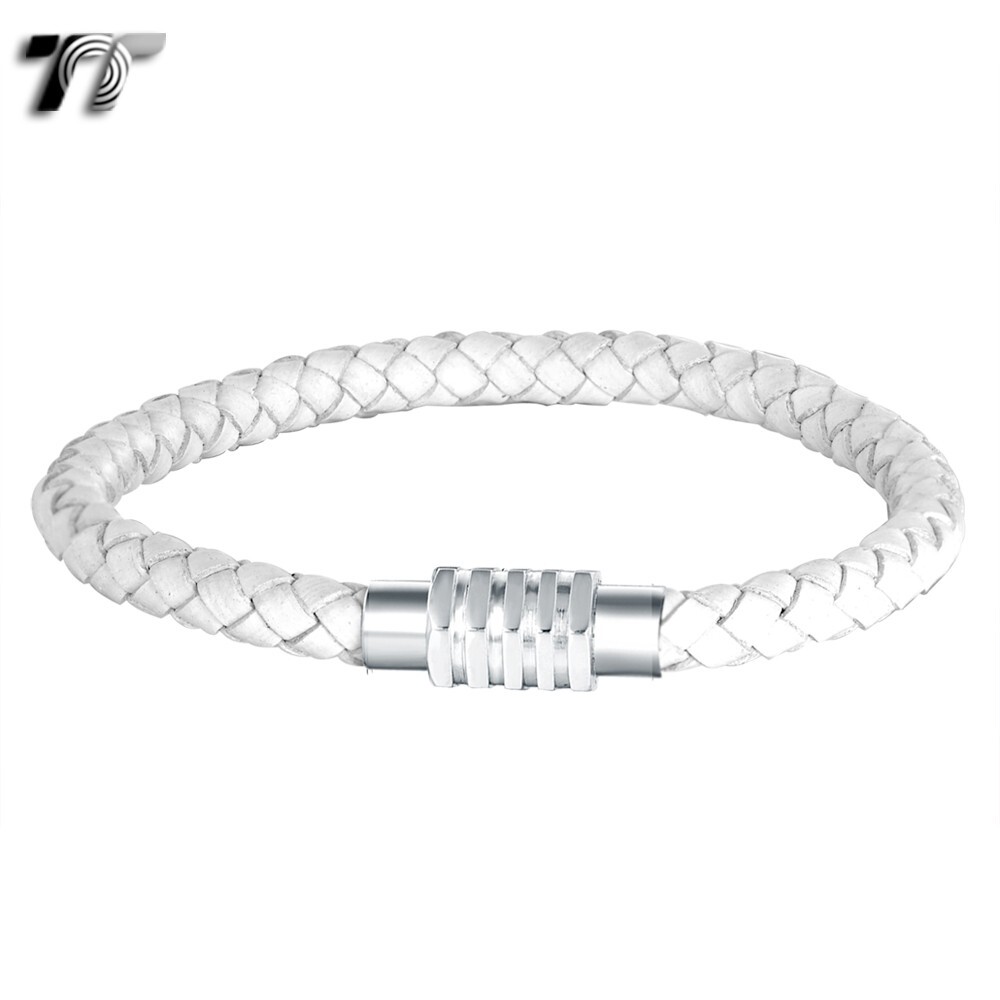 TT White Leather With Stainless Steel Magnet Buckle Bangle 21.5cm BR32W