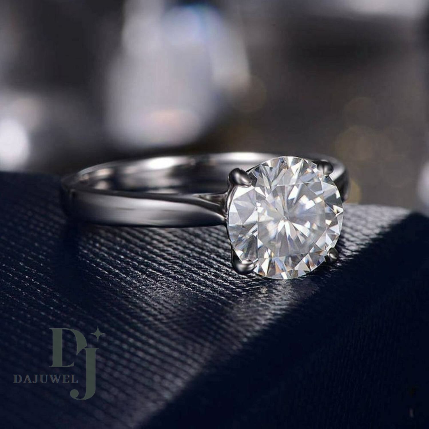 Solid 14K White Gold Moissanite Solitaire Engagement Ring 2 CT Round Cut F/VVS1