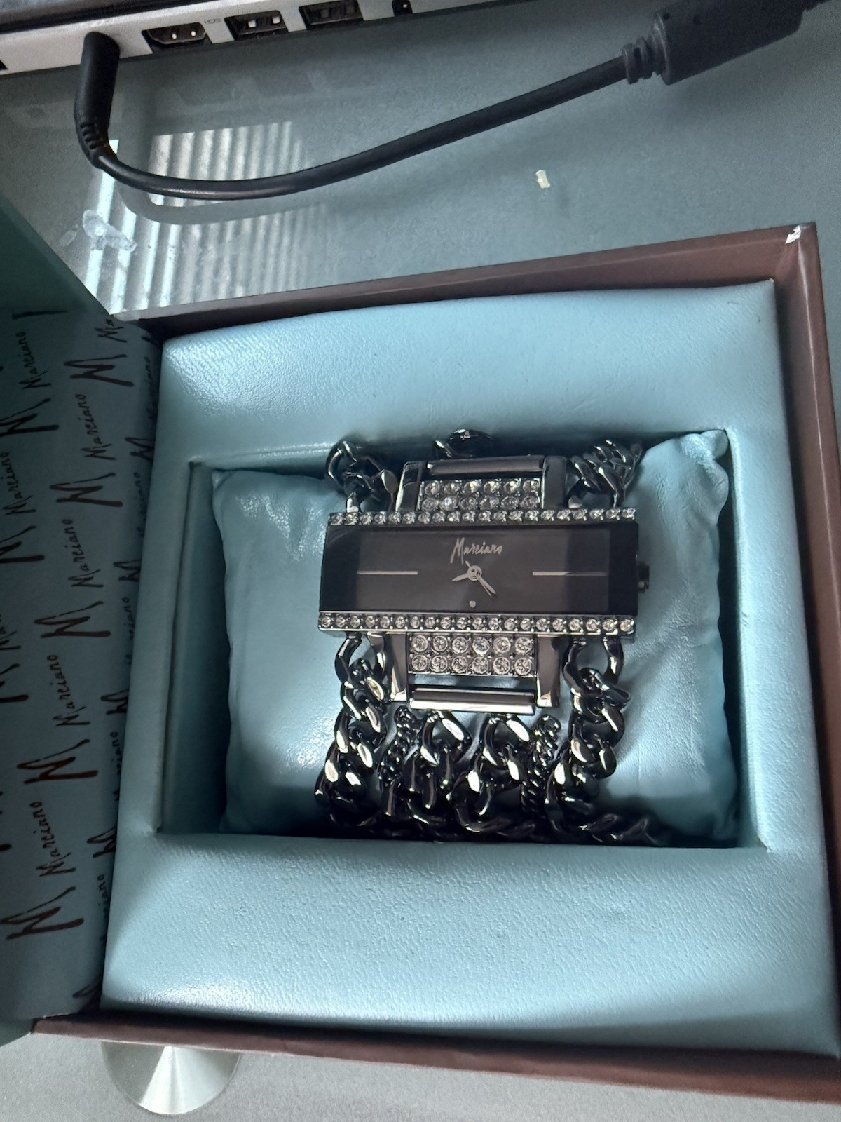 Marciano Black Curb Chain Cuff Bracelet Clear Round Crystal Fold Over Clasp