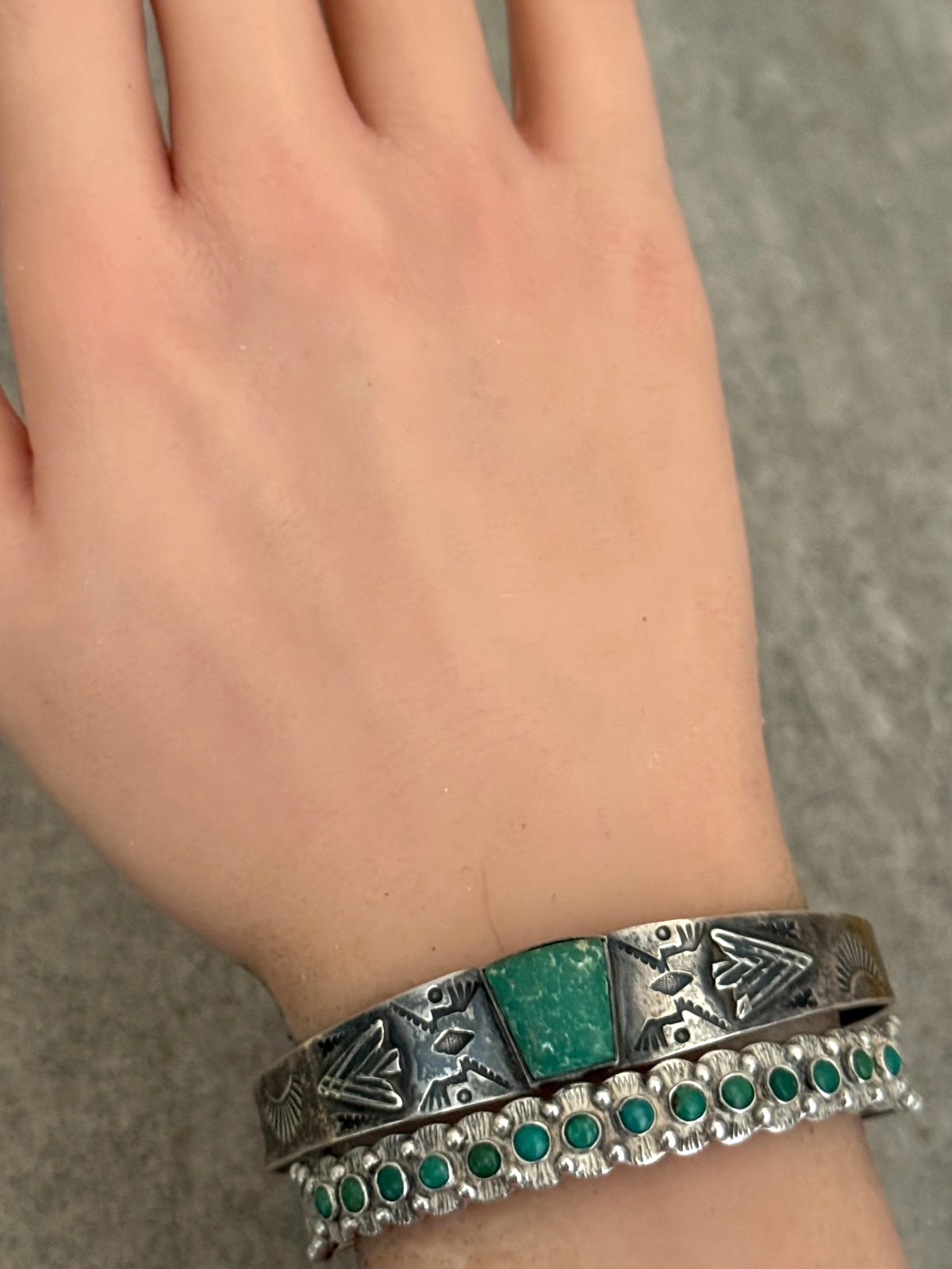 Vintage FRED HARVEY era 40’s Navajo ARROW HEAD Turquoise Silver Bracelet 7.25 in