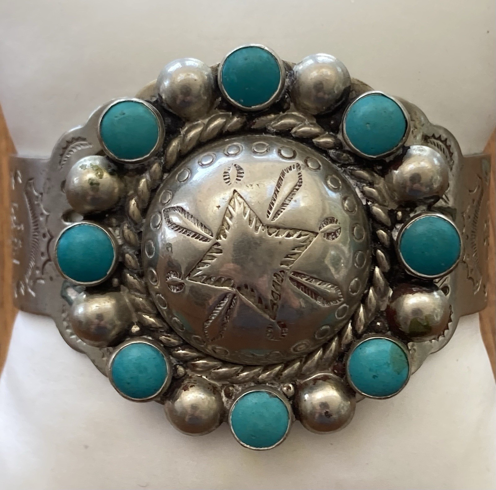 Vintage Bracelet Nickel Silver Faux Turquoise Cuff Stamped BELL TRADING POST