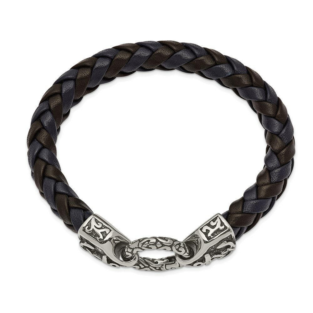 Stainless Steel Antiqued and Polished Black/Blue Leather 8.25in Bracelet