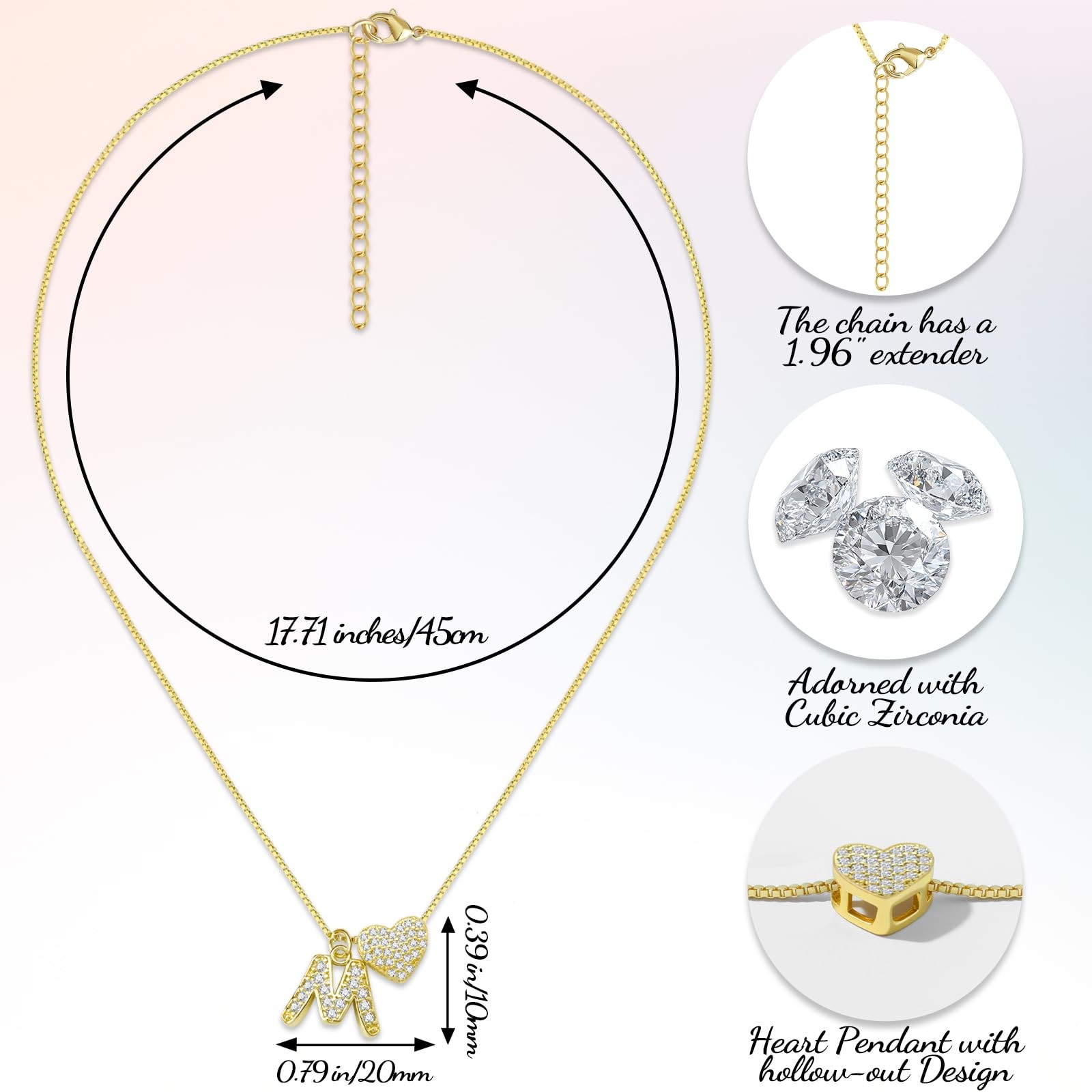 HYmoso Initial Heart Necklace 17.71+1.96 inches, – Letter M