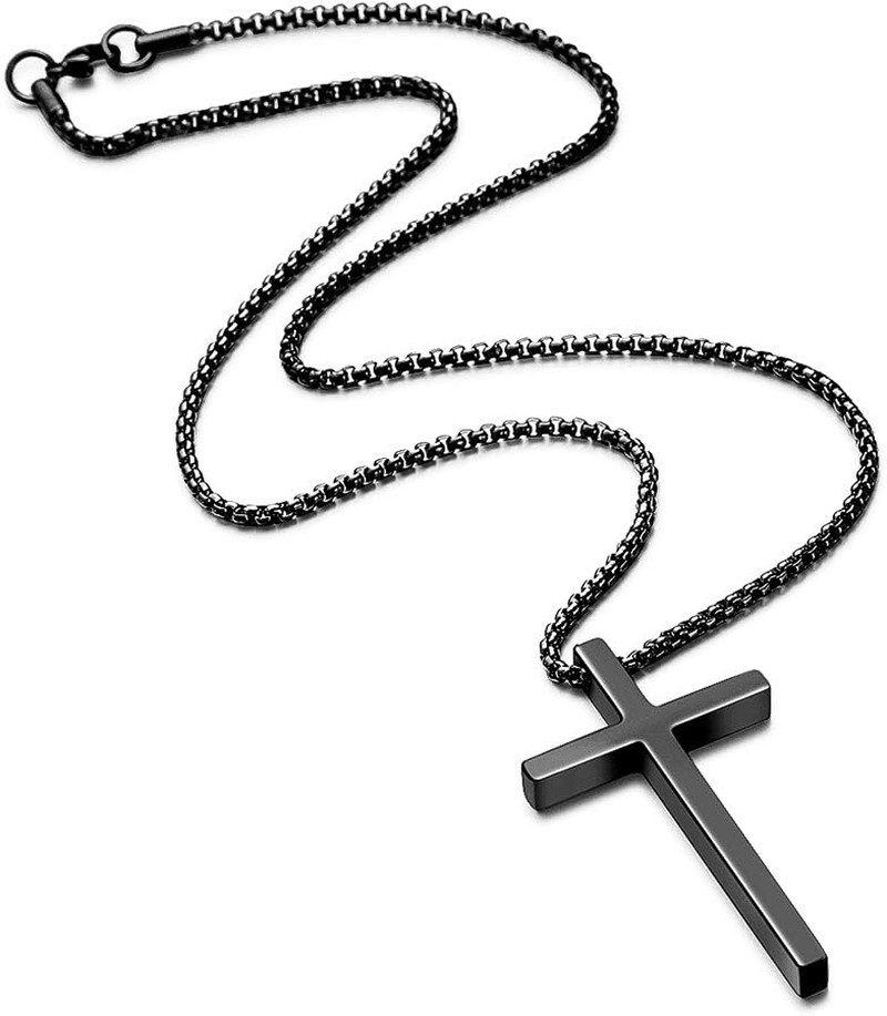 Cross Necklace for Men Teen Boys, Silver Black Gold Stainless Steel Plain Cross