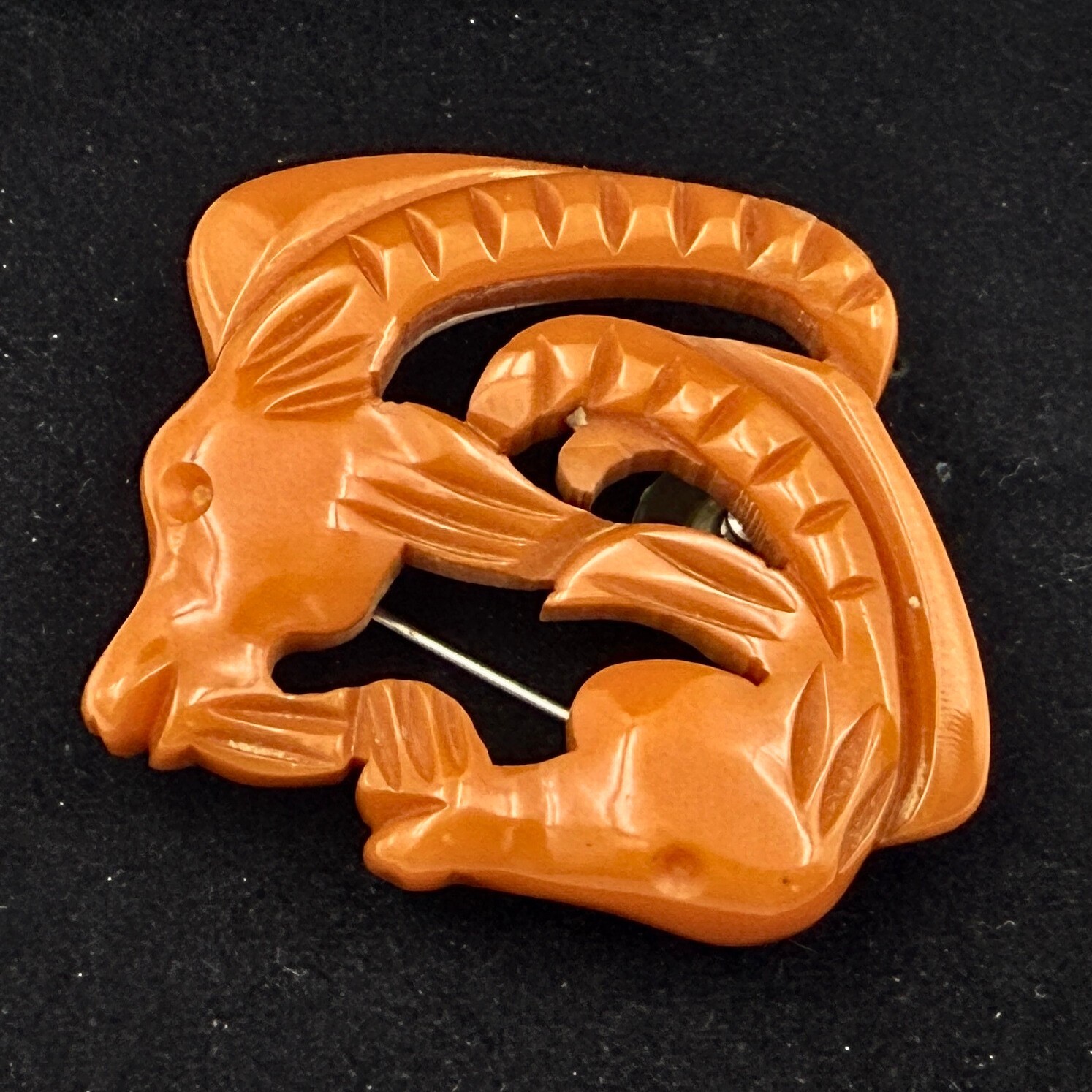 Vintage Chinese Export Carved Chestnut Bakelite Figural Goats Head Brooch