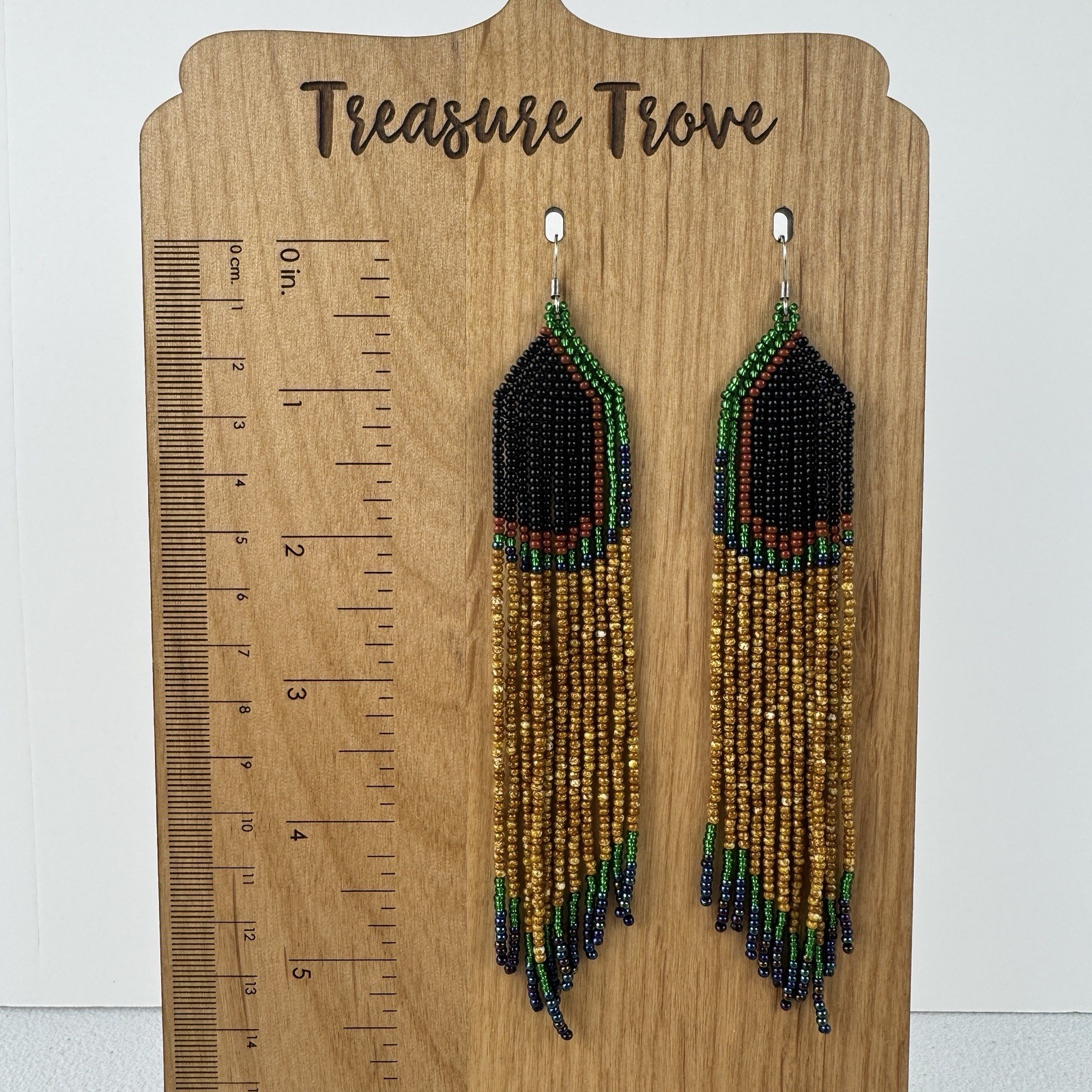 Handmade Beaded Long Dangle Earrings Black Brown Green & Blue Geo Design Peacock