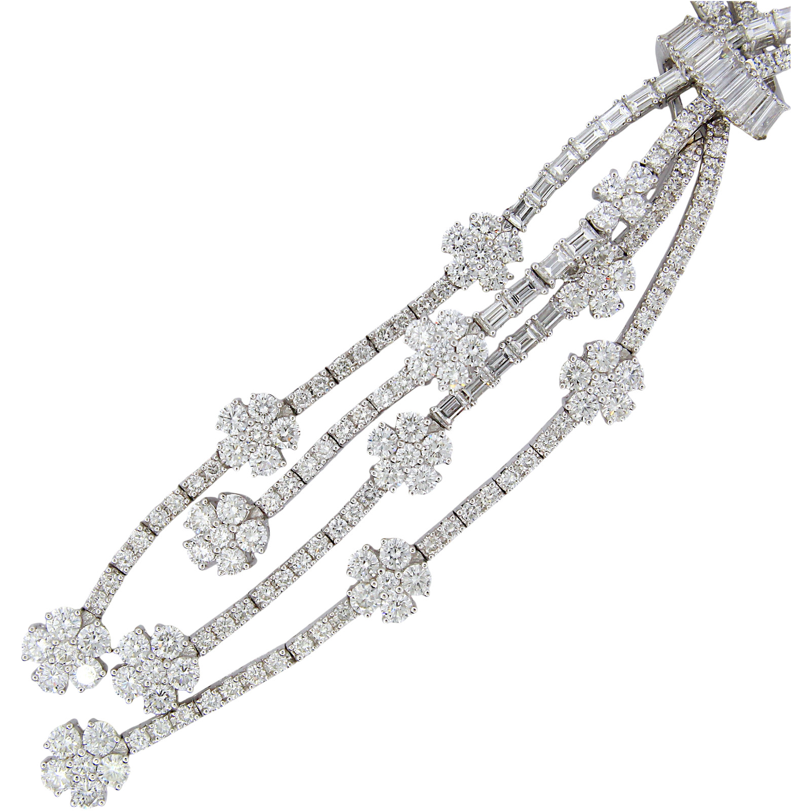 20.00 CT Diamond Two Row Floral Line Drop Necklace 18K White Gold Natural