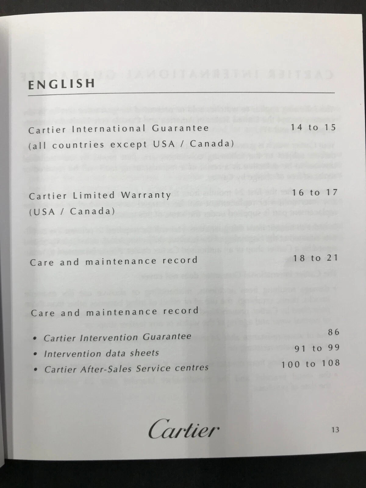 CARTIER SERVICE BOOK & INTERNATIONAL GUARANTEE PCWA0048 (B) *NO CERTIFICATE*