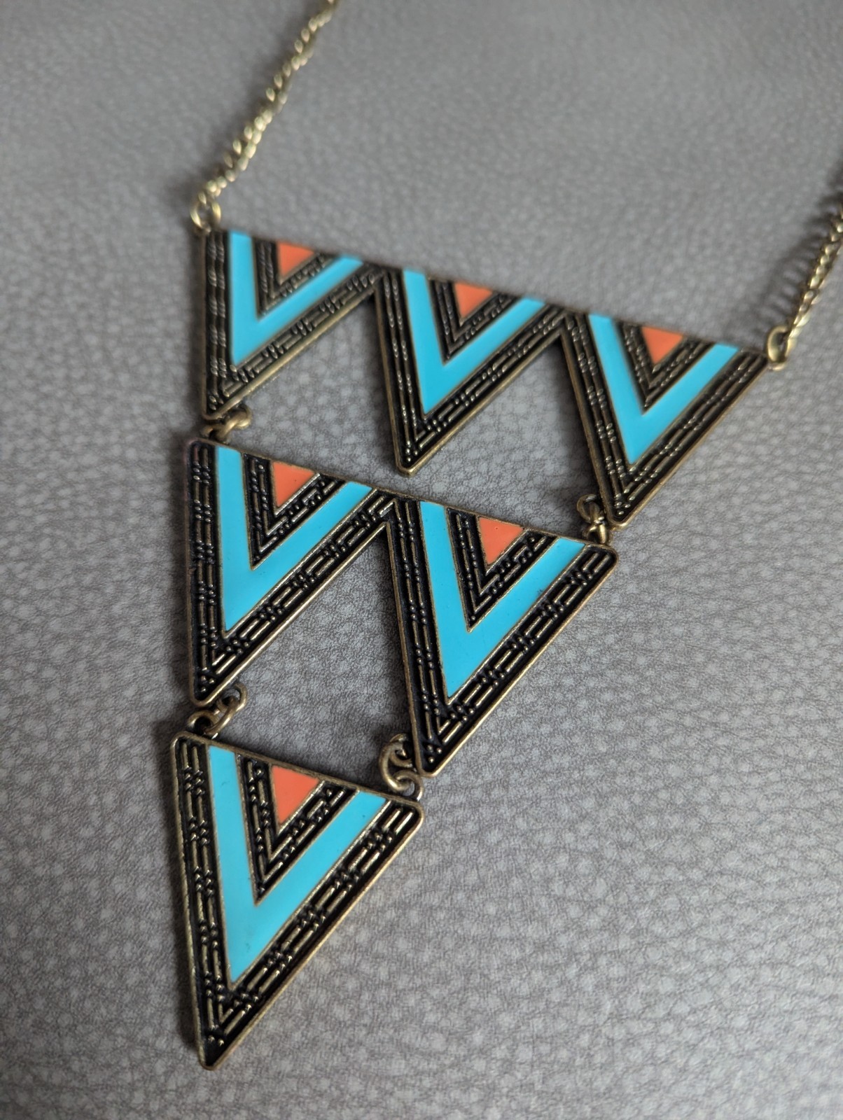 TURQUOISE, ORANGE, BLACK & GOLD STATEMENT NECKLACE, 82cm LENGTH, GOOD CONDITION