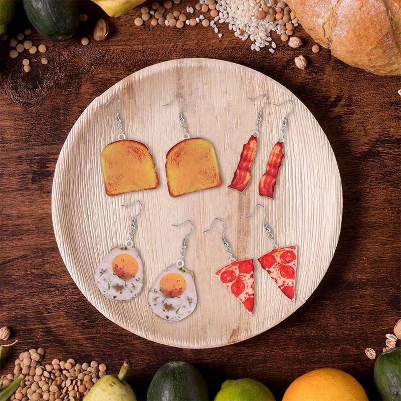 4 Pairs of Fun Acrylic Omelet, Pizza, Toast, and Bacon Food Pendant Earrings