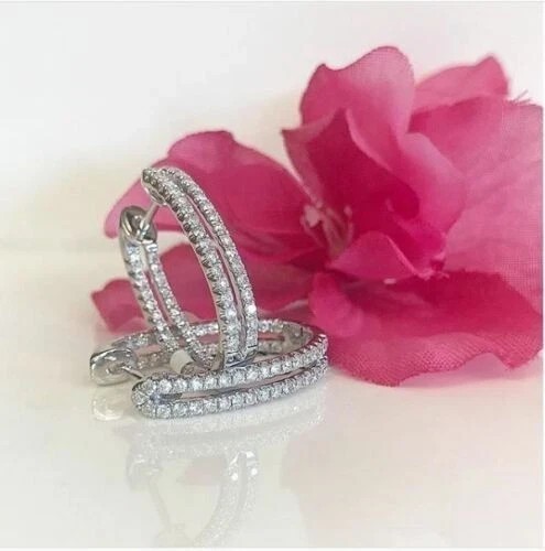 Cluster Hoop Clip On Earring In 1Ct Round Simulated Diamond14K White Gold Plated