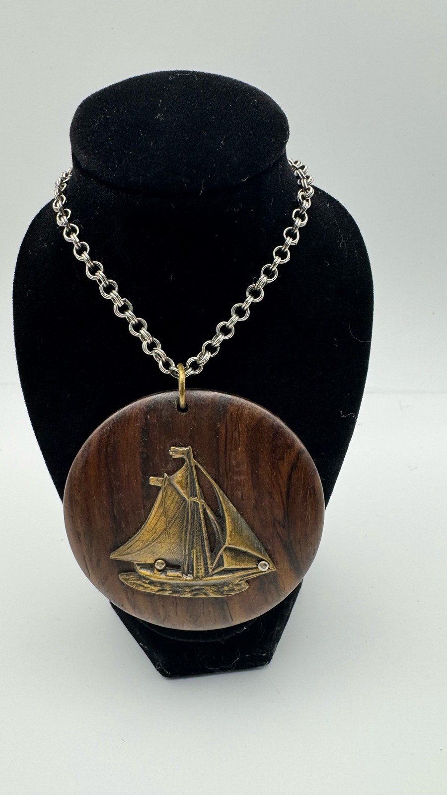 Wooden Sailboat Pendant Necklace Nautical Round Wood Statement Jewelry