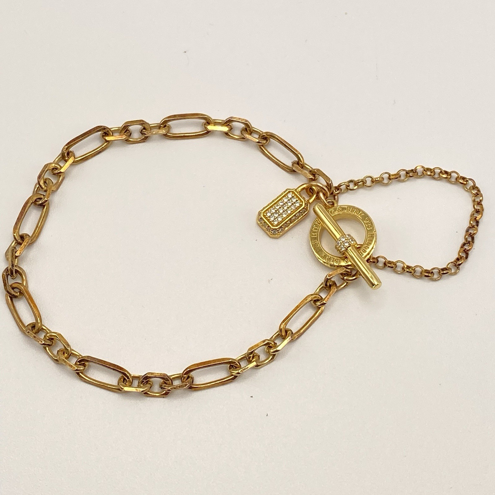 Hillberg & Berk Gemstone Bracelet 925 Gold Paper Clip Lock Charm Cubic Zirconia