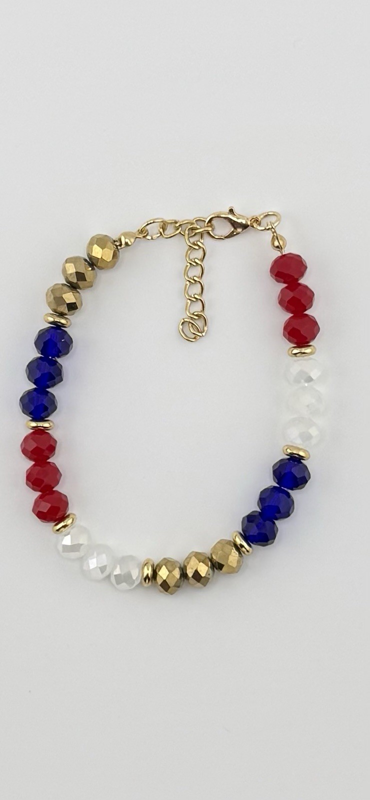 Red White Blue GoldCrystal BeadBracelet 7.6-8in Lobster 4th of July Gift for her