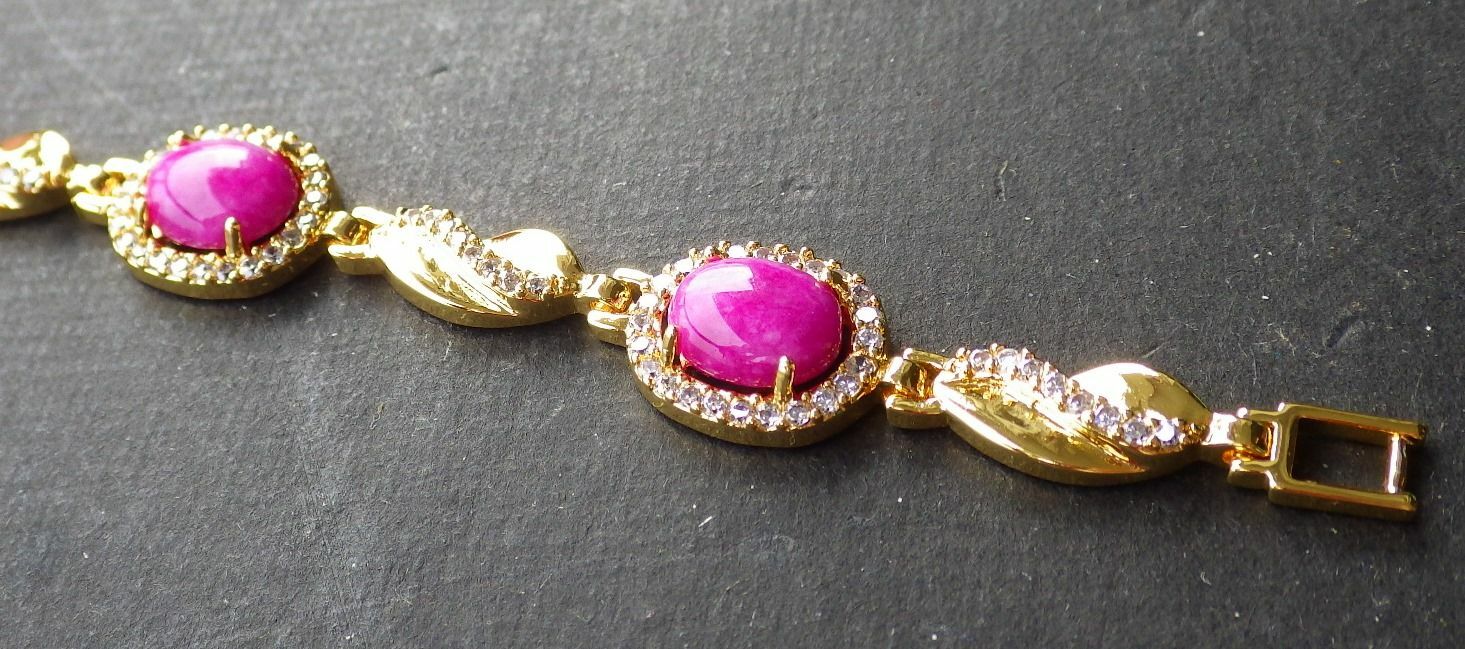 Gold Plate Lavender JADE Cabochon Beads Bangle Bracelet Diamond Imitation 101056