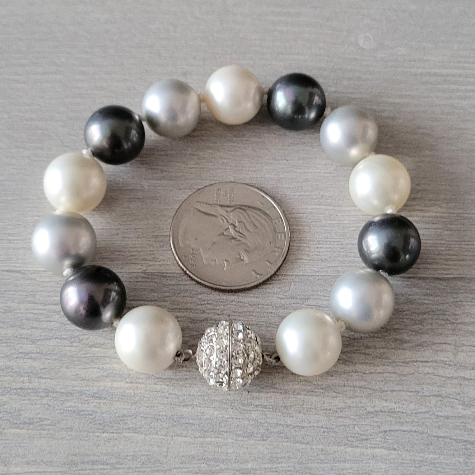 Faux Pearl Bracelet Black Gray White w/ 925 Sterling Silver Clasp + Stones NWOT