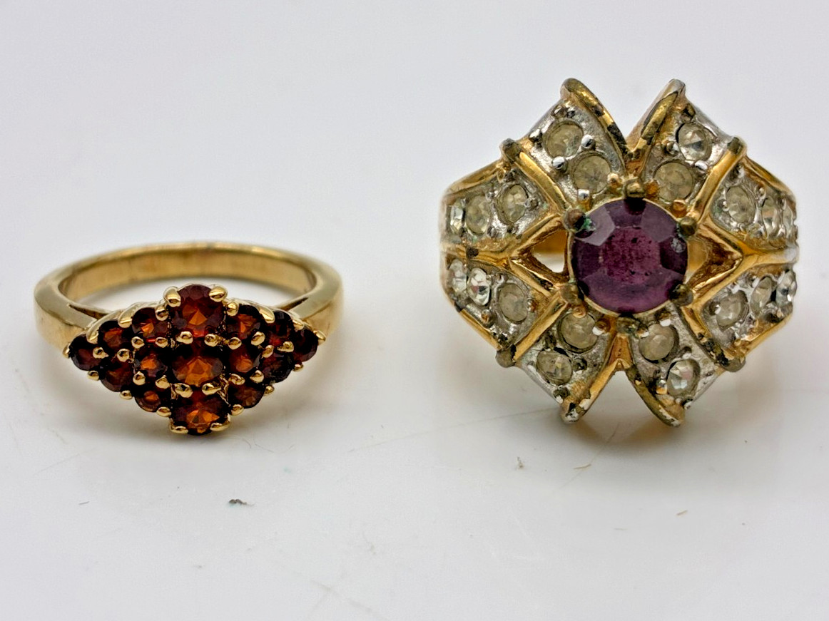 Gold Tone Dinner Rings Lot of 2 Purple Red Crystals Rhinestones Statement