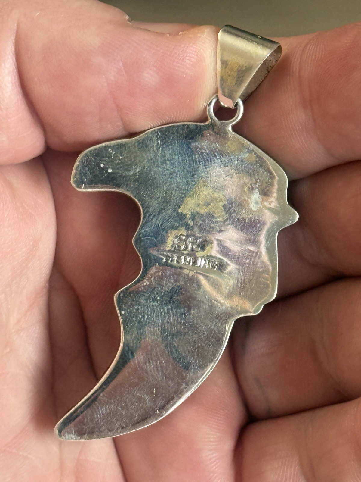 STERLING SILVER NATIVE AMERICAN SIGNED SM GALAXY INLAID EAGLE CLAW PENDANT .925