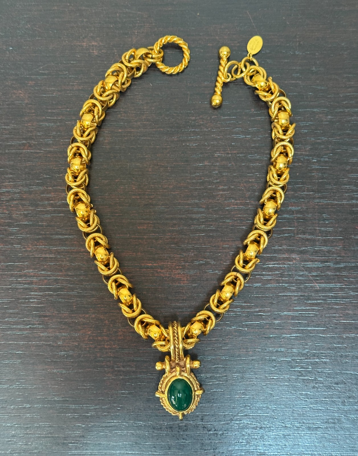 Vintage Bijoux VanWyk Gold Tone Necklace Green Cabochon Pendant Statement Signed