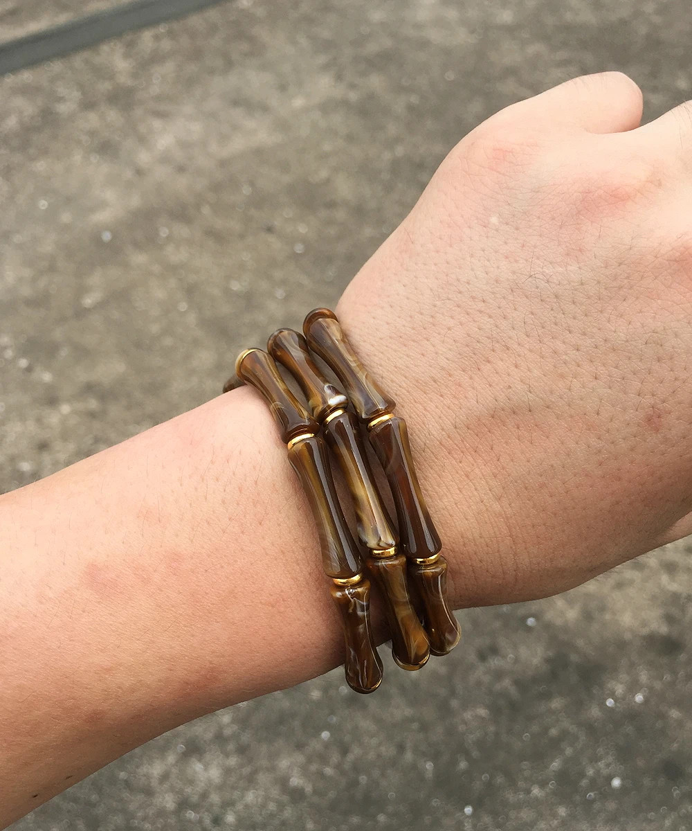 3 pc Leopard Acrylic Bamboo Beaded Bracelet Women Retro Thin Tube Stack Jewelry