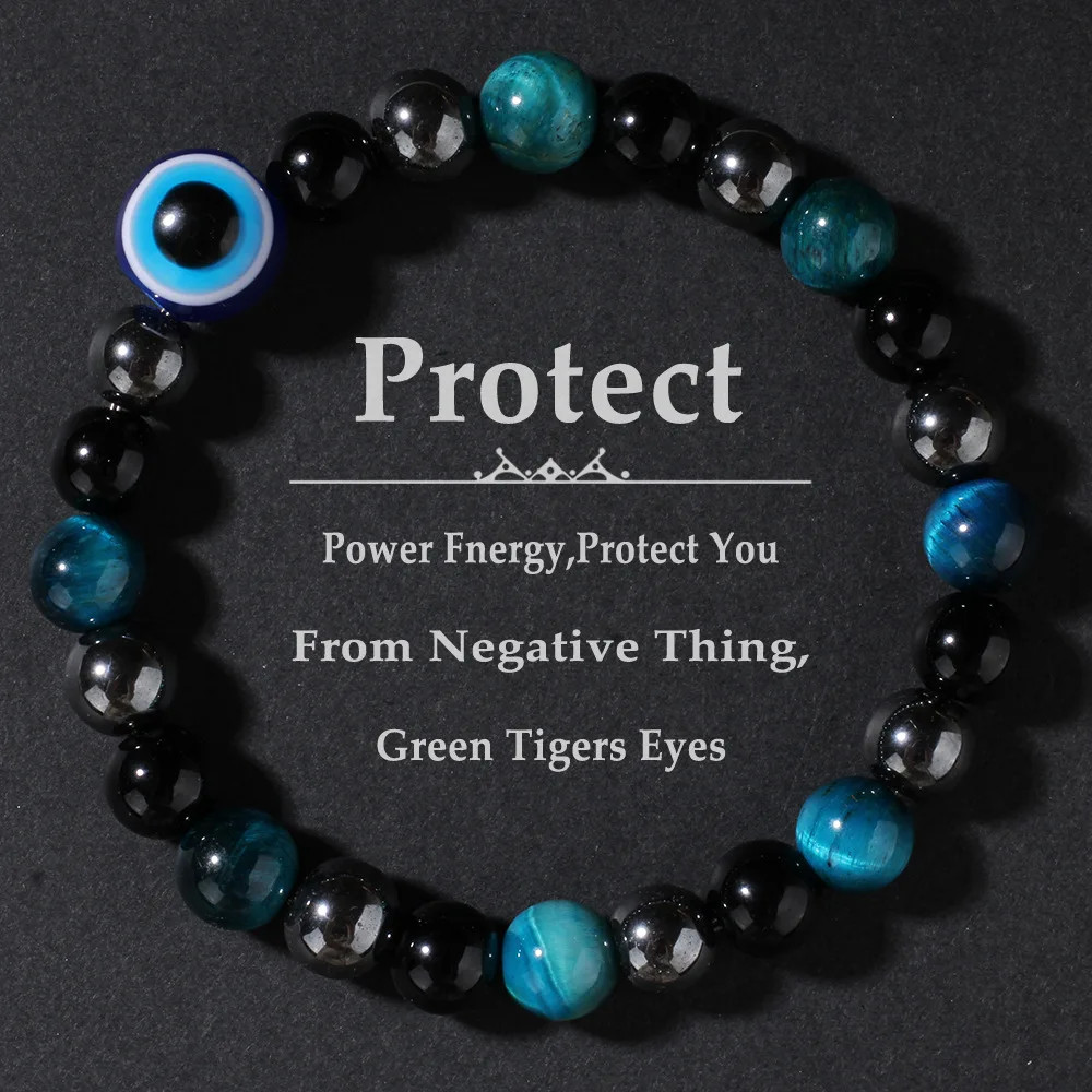Protection Bracelet,Blue Tigers Eye Black Bile Obsidian Evil Eye Beaded Bracelet