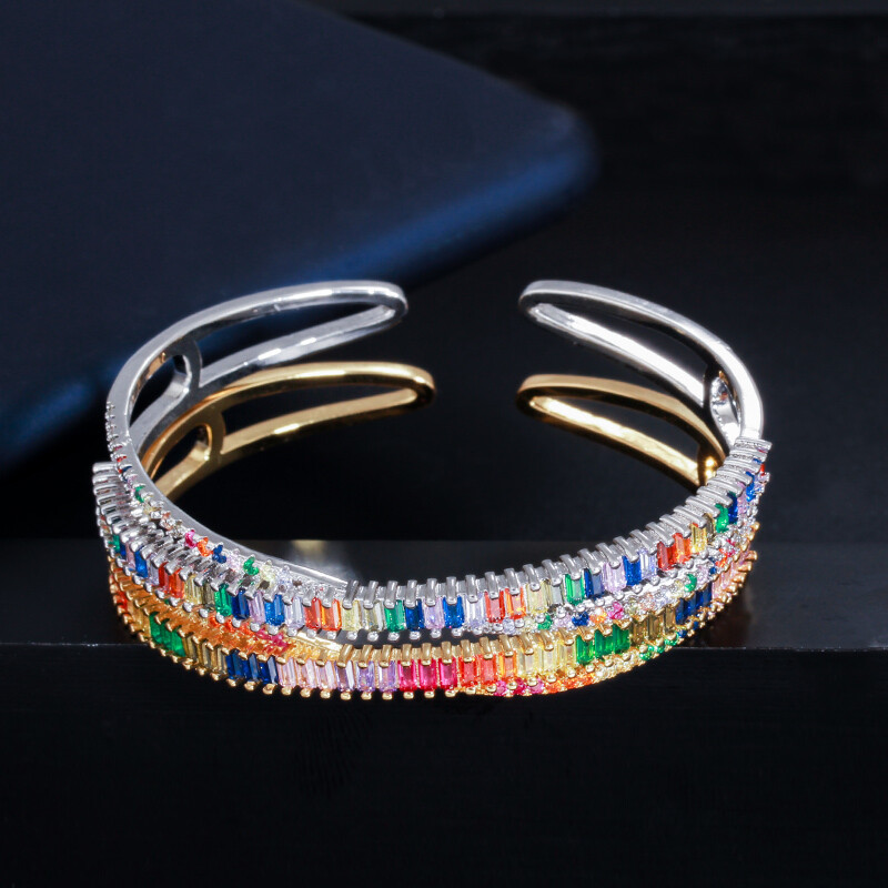 Adjustable Multicolored Gold Plated CZ Rainbow Open Cuff Bangle Fashion Jewelry