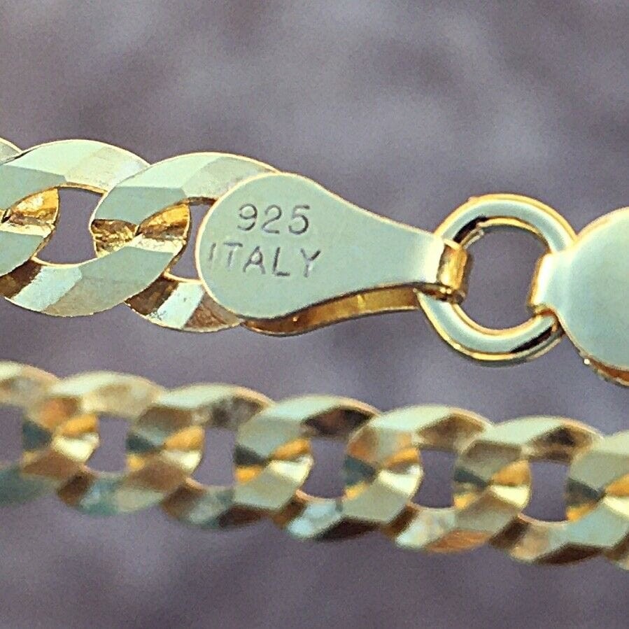 14K Gold Plated On Solid 925 Sterling Silver Bracelet Flat Cuban Link 7.5″ 5MM