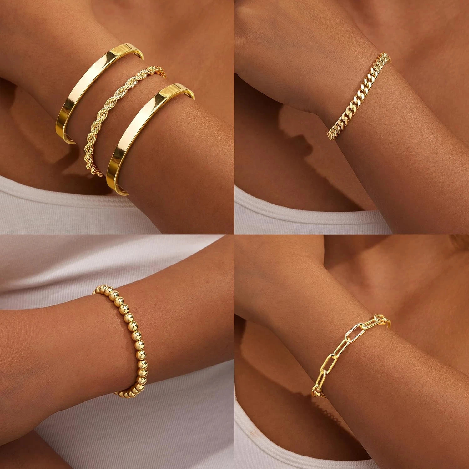 Gold Bracelets Set for Women Non Tarnish, Waterproof 14K Gold Plated