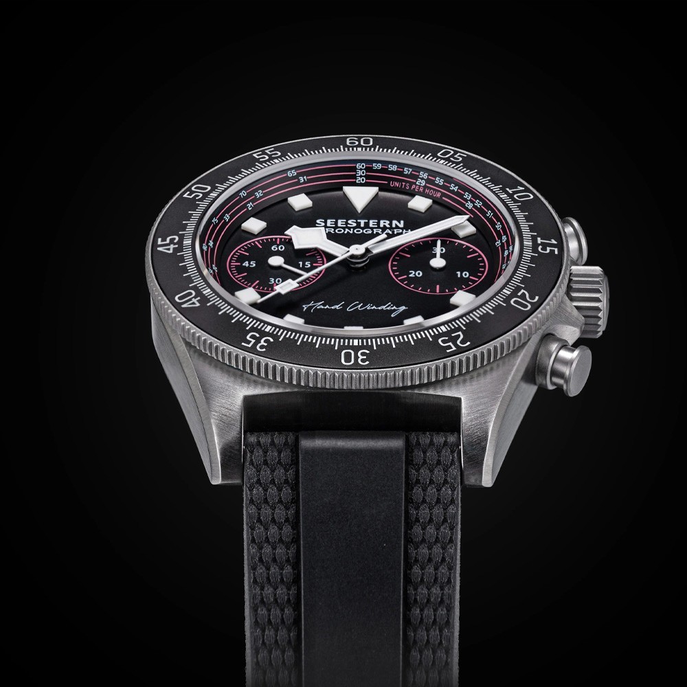 Seestern S443 Mechanical Chronograph Steel Black Pink Rubber Sapphire Men’s Watch