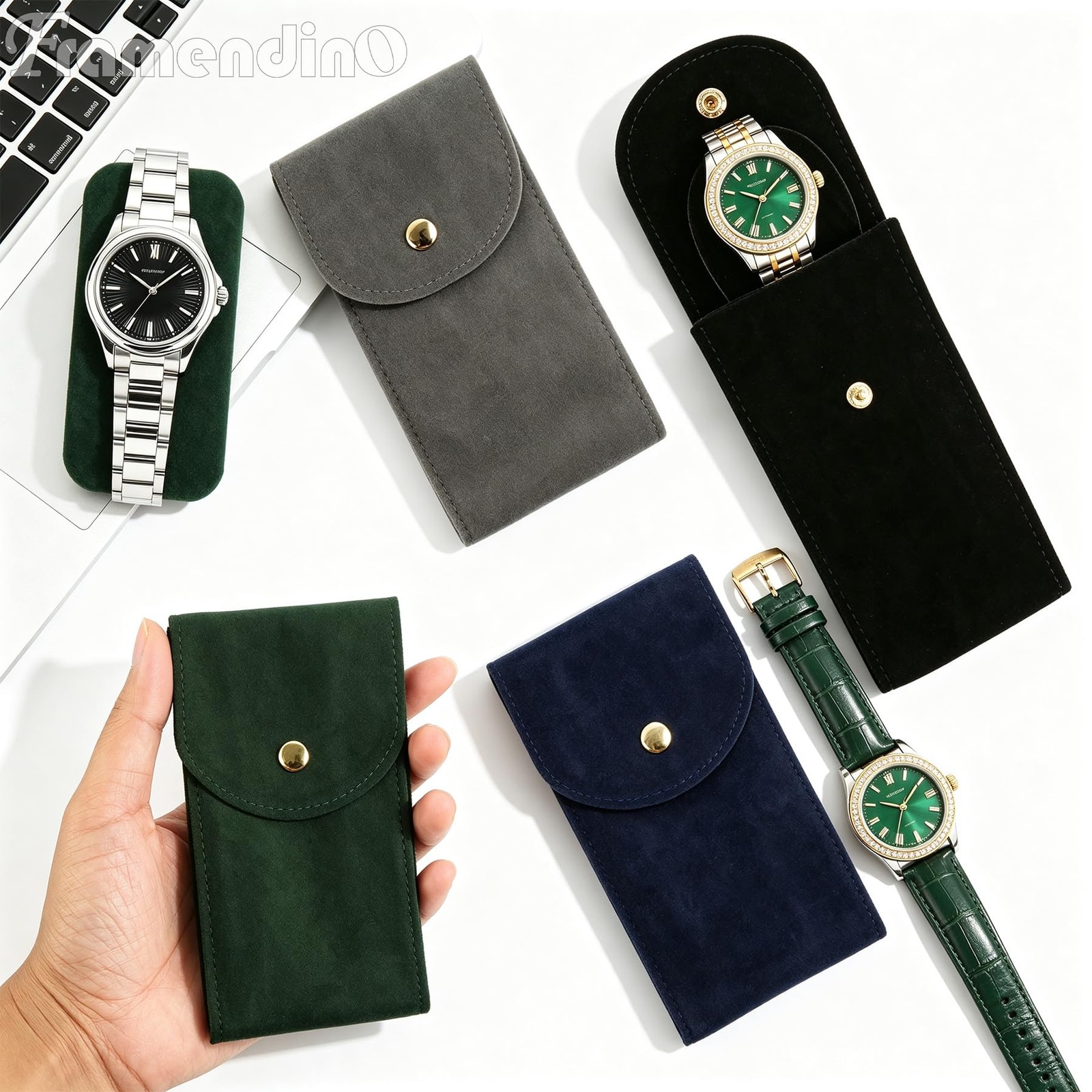 Framendino, 4 Pack Velvet Watch Pouch with Snap Button 4 Pack, Multicolor