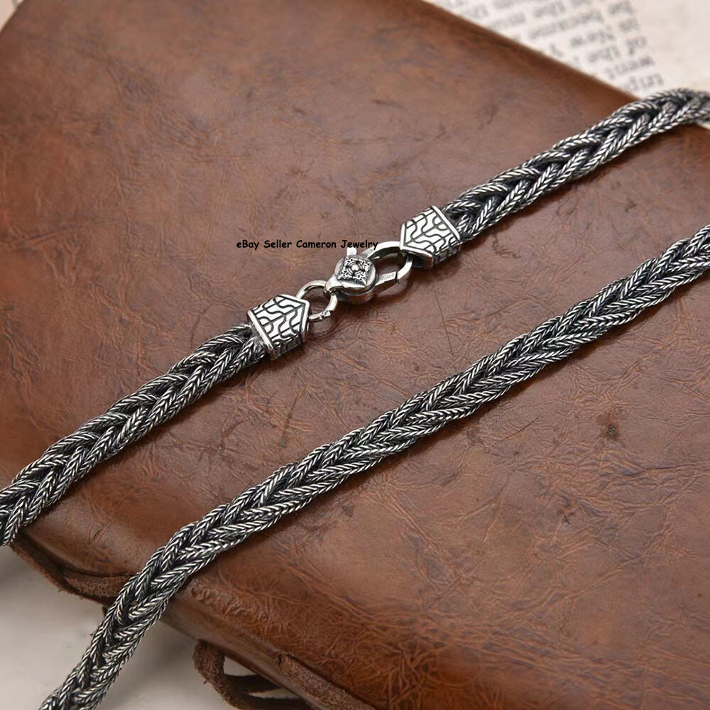 Pure S925 Sterling Silver Chain 6mm Braided Foxtial Link Necklace34-35g 23.6inch