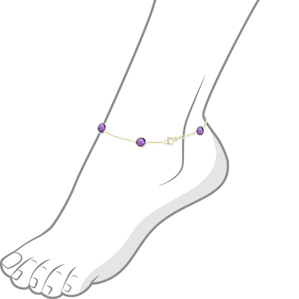 14K Yellow Gold Anklet Bracelet With Round Amethyst Gemstones 9.5 Inches