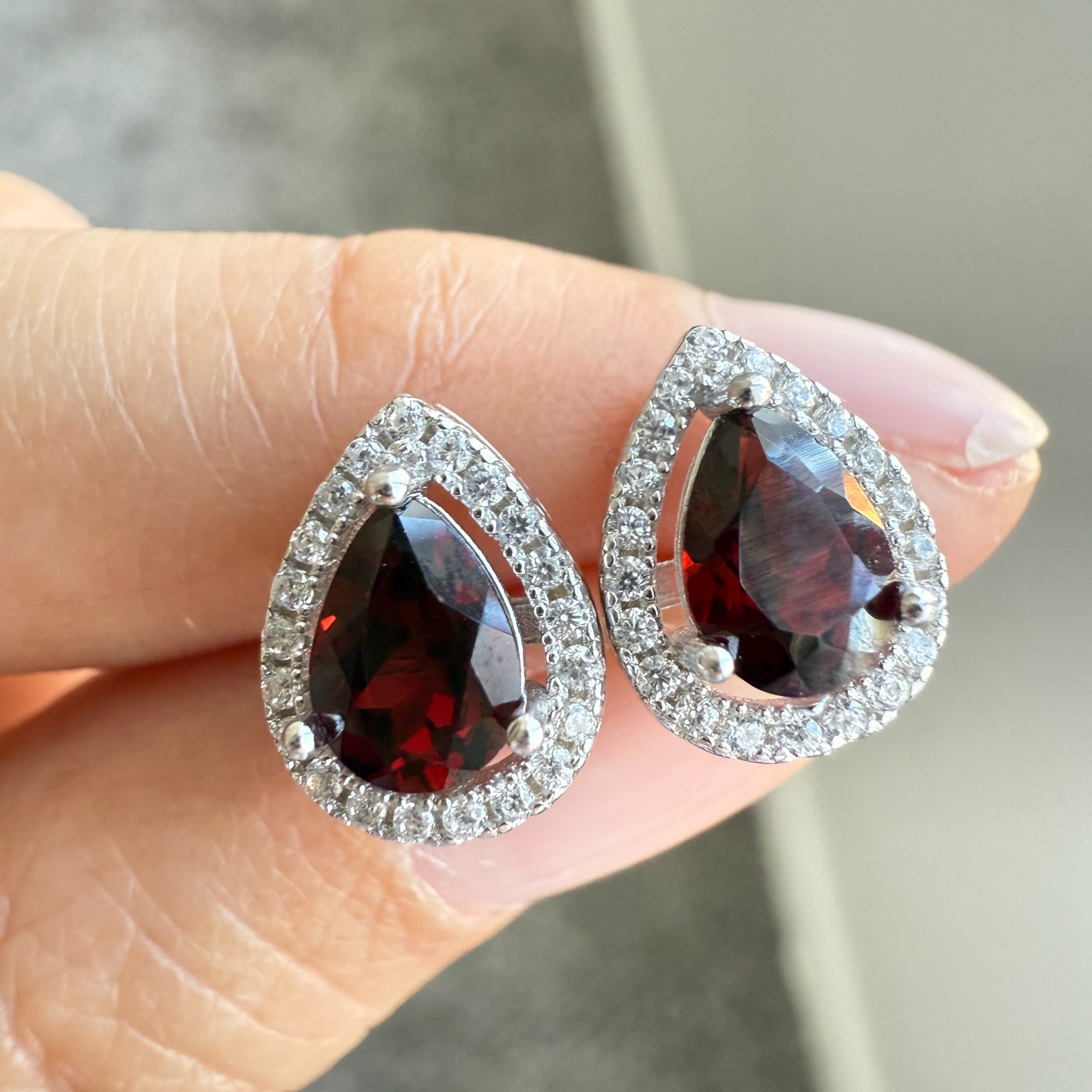 925 Sterling Silver Earrings 7x5mm Rhodolite Garnet Zircon Teardrop Handmade Red