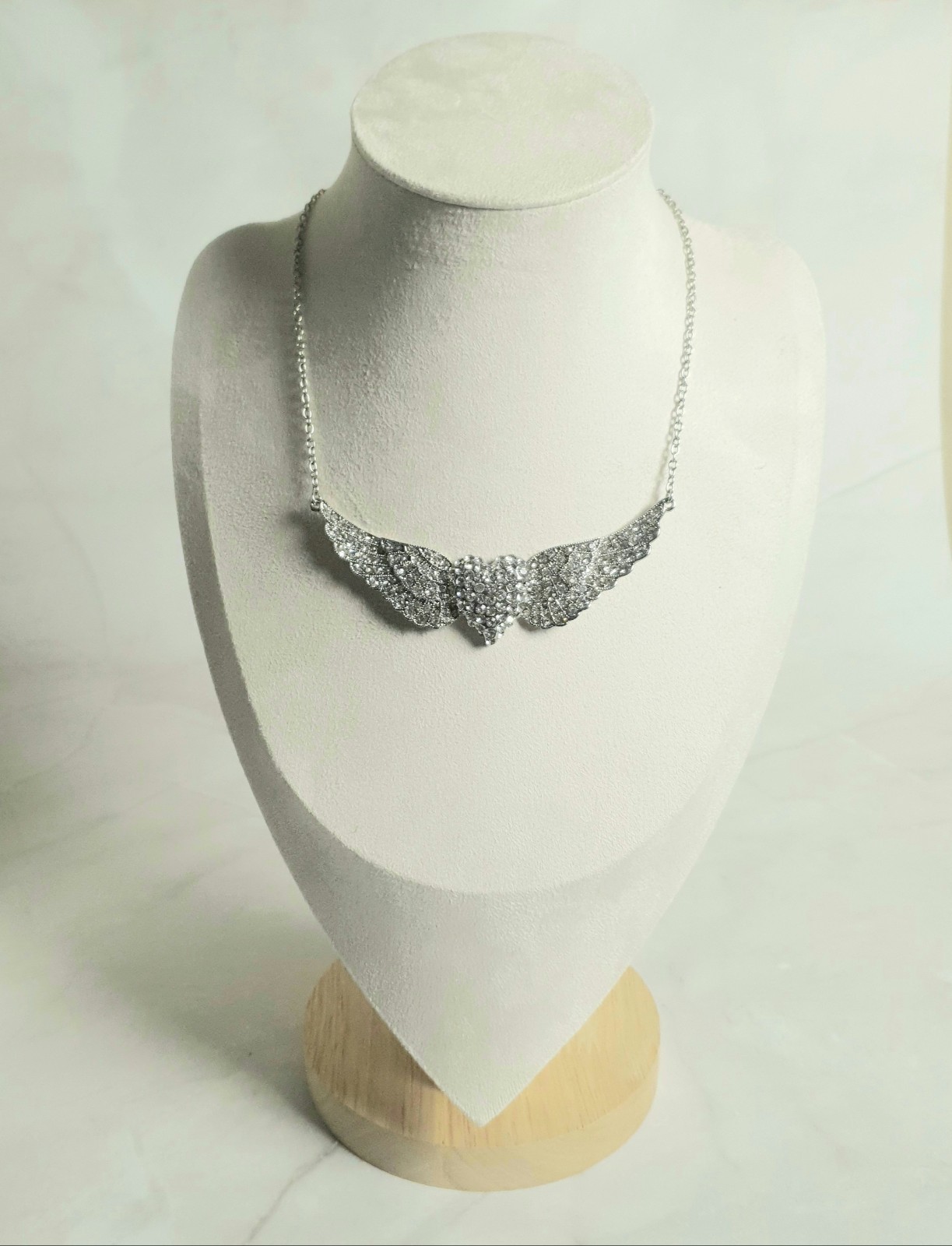 Mikey Crystal Angel Wings Heart Necklace Silver Tone Statement New Unworn Gift