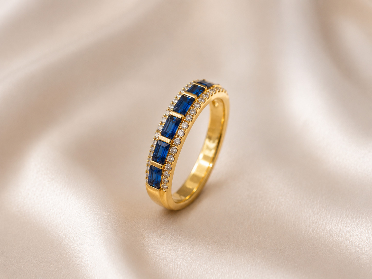 Blue Sapphire & Moissanite Eternity Band 14K Gold Baguette September Birthstone