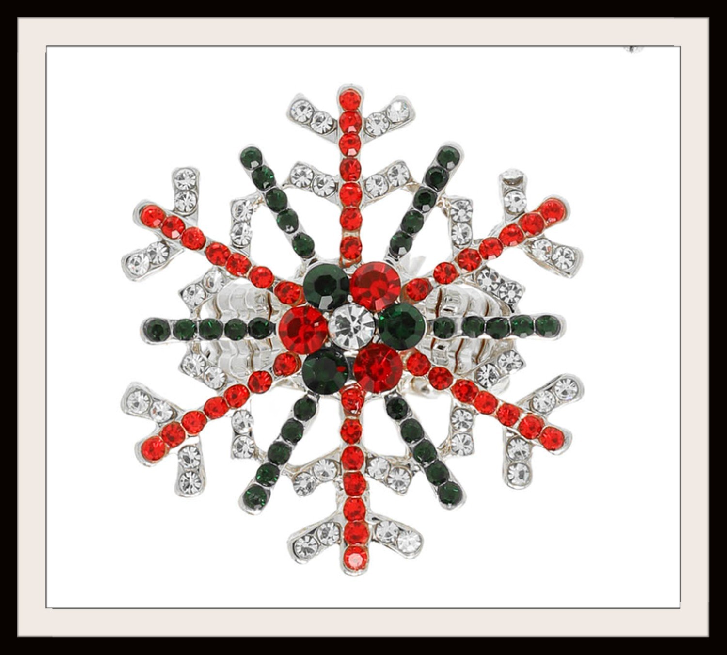 Red Green Clear Crystal Snowflake Ring Stretch 1.5″ Dia New Christmas Silver