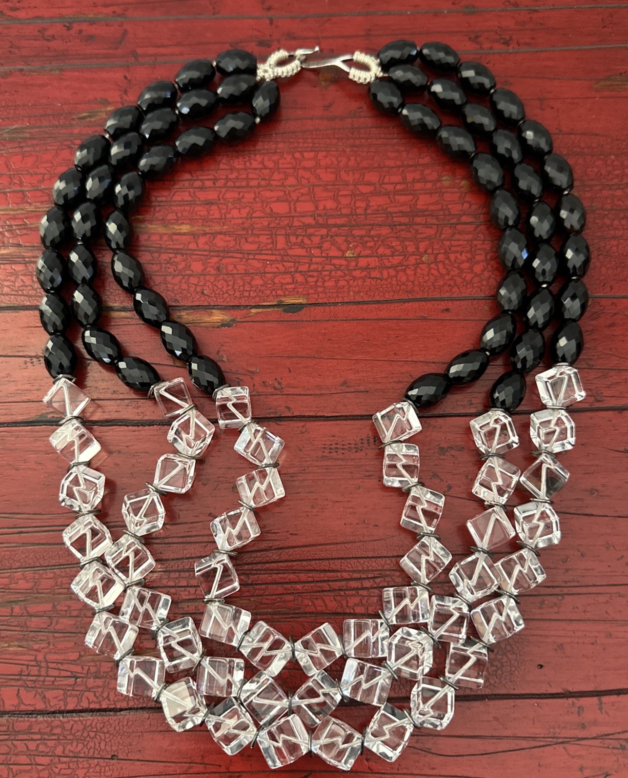 Simon Alcantara Faceted Black Bead Cube Quartz Clear Strand Statement Necklace