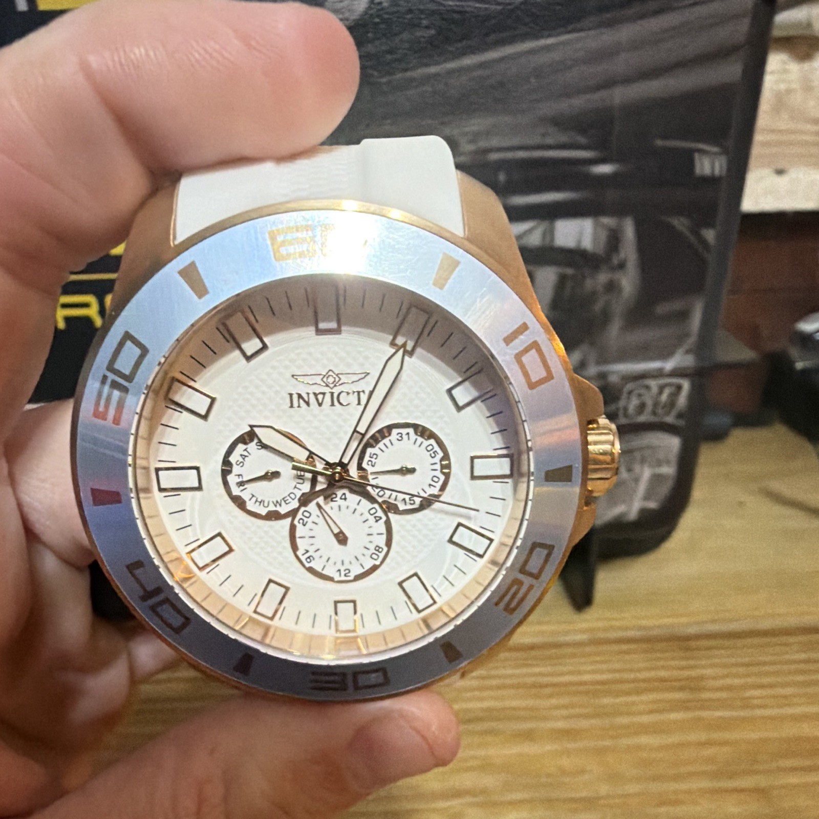 Invicta Pro Diver Men’s Quartz Date Day 24-Hour White Dial Gold Tone White Strap