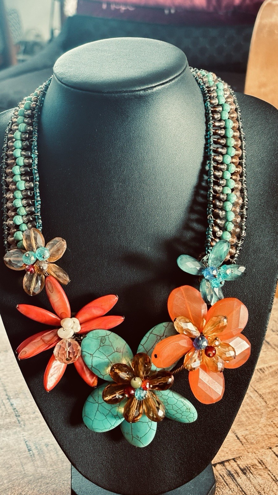 Vintage 2008 Boho Chunky MultiStrand Flower Statement Necklace Turquoise & Coral