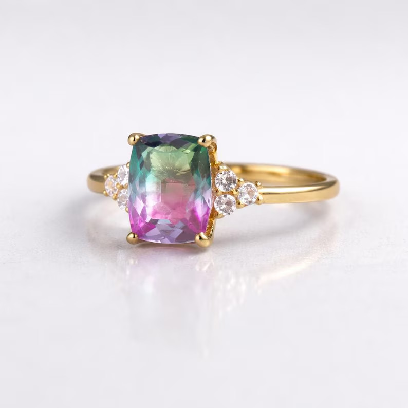 Lab Created Watermelon tourmaline Ring, Base Metal: Brass Finish: Gold Plated
